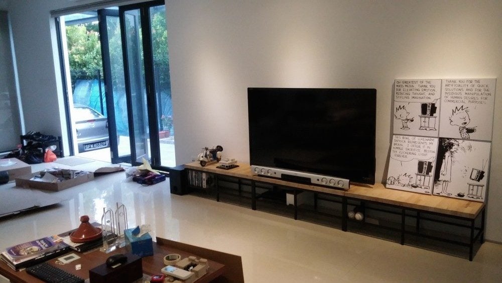 Contemporary wooden-top TV bench