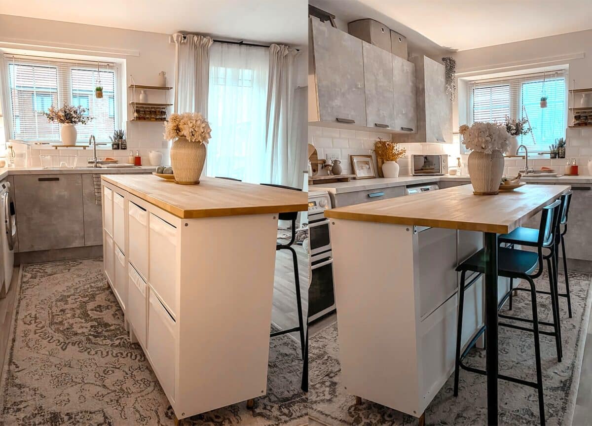 Image-credit-@home_with_Kaitlyn - IKEA Hackers IKEA KALLAX kitchen island with seating
