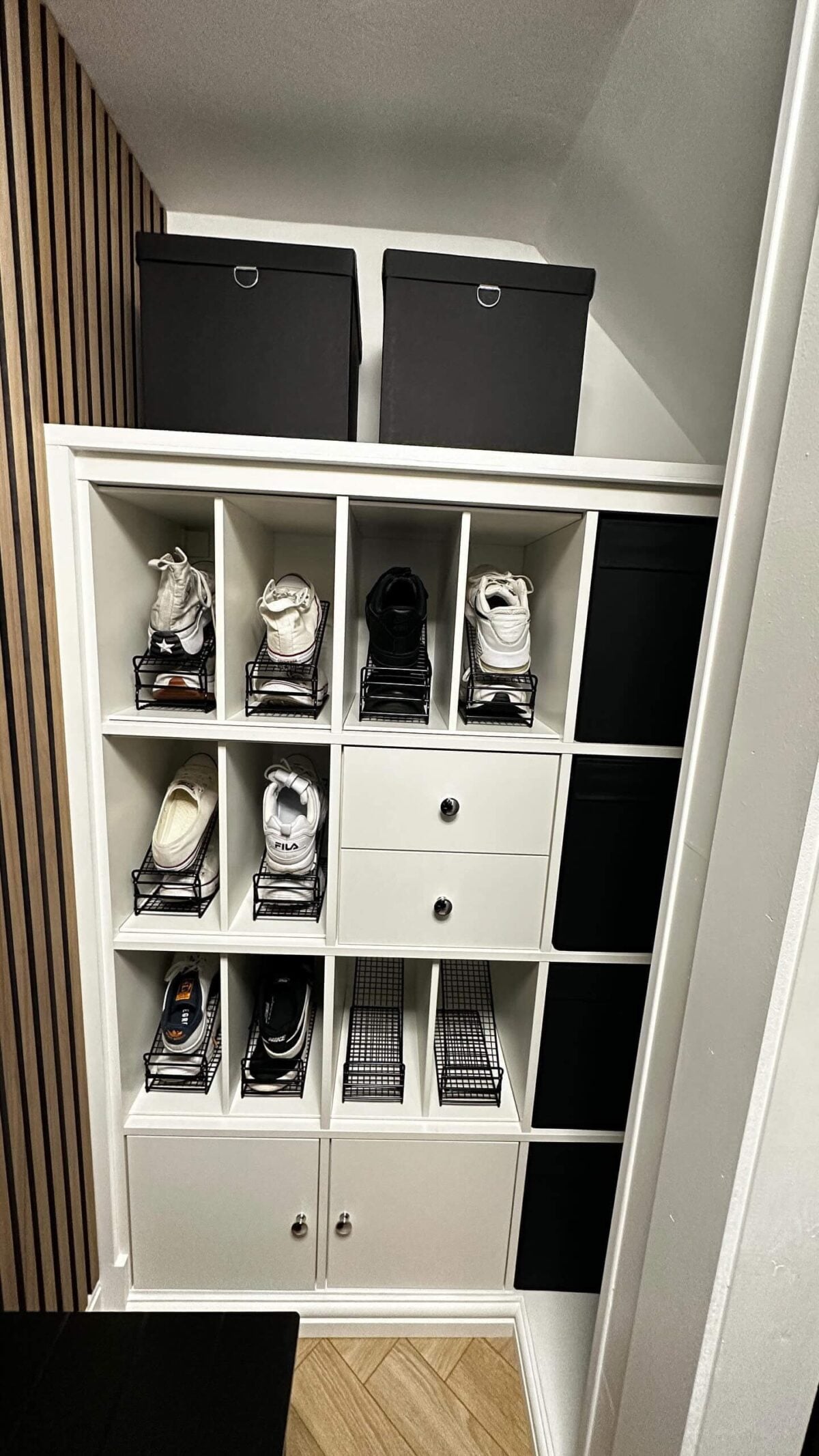 Image-credit-@mnhomereno-shoe-storage - IKEA Hackers Use the IKEA KALLAX for shoe storage under the stairs